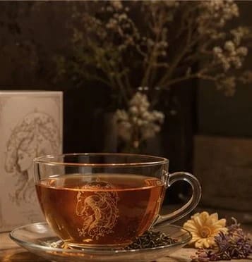 فنجان شیشه‌ای دمنوش کنار جعبه‌ی آسپانا