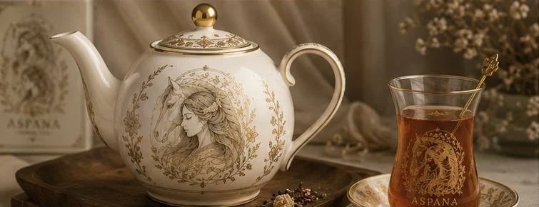 قوری چینی با درب طلایی و استکان کمرباریک
